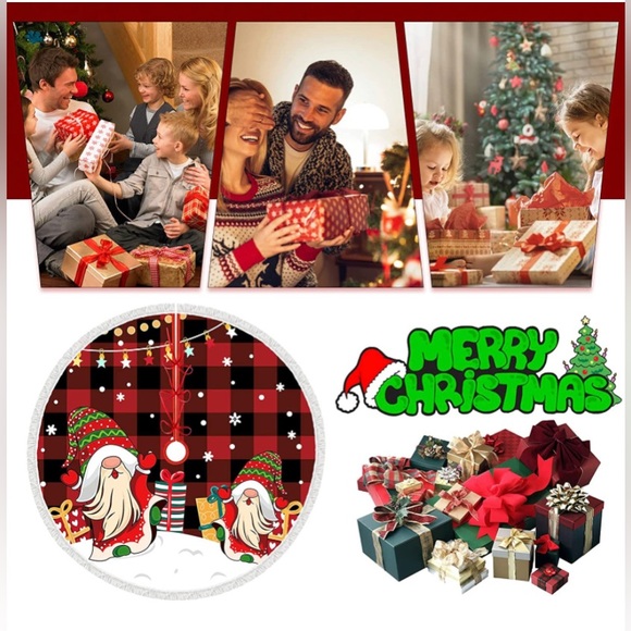 Christmas Gnomes Tree Skirt on Buffalo Plaid w Fringes Red Black Flannel 4&” NEW - Picture 7 of 7